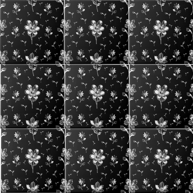 Floral Black And Silver Flower Pattern Bathroom Tile (Splashback )