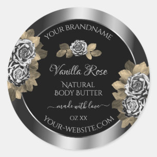 Floral Black and Silver Product Labels Leafy Roses