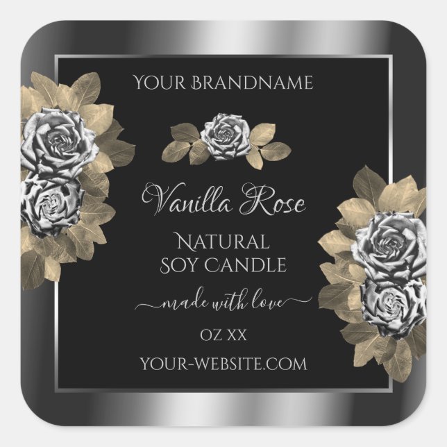 Floral Black and Silver Product Labels Leafy Roses (Front)