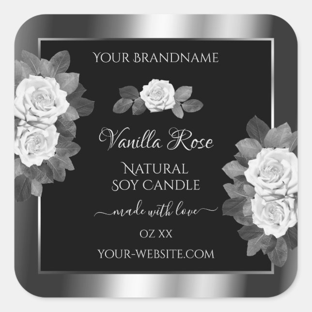 Floral Black and Silver Product Labels White Roses (Front)