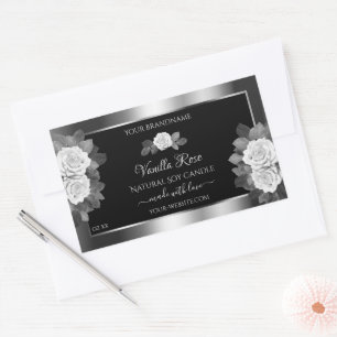 Floral Black and Silver Product Labels White Roses