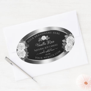 Floral Black and Silver Product Labels White Roses