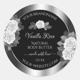 Floral Black and Silver Product Labels White Roses