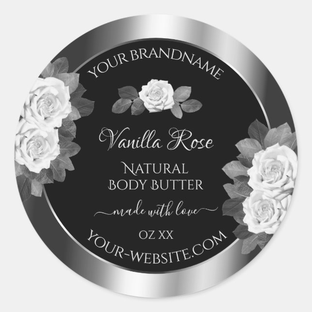 Floral Black and Silver Product Labels White Roses (Front)
