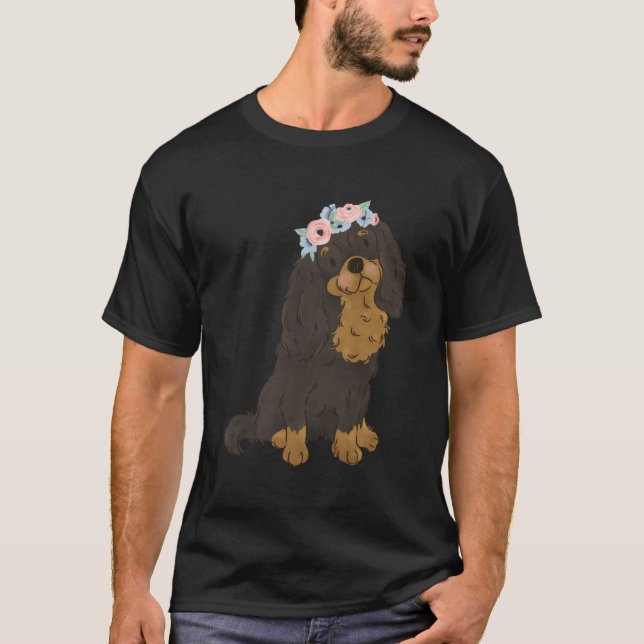 Floral Black And Tan Cavalier King Charles Spaniel T-Shirt (Front)