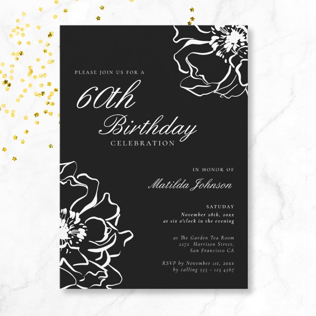 Floral Black and White 60th Birthday Invitation (Mockup View)