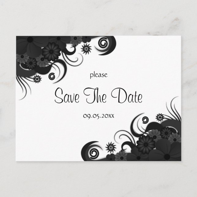 Floral Black and White Gothic Save The Date Cards (Front)