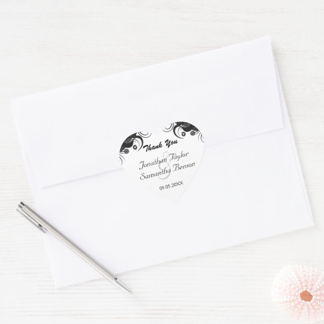 Floral Black and White Heart Wedding Favour Sticke Heart Sticker (Envelope)