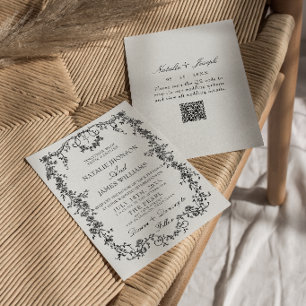Floral Black And White Monogram QR Code Wedding Invitation