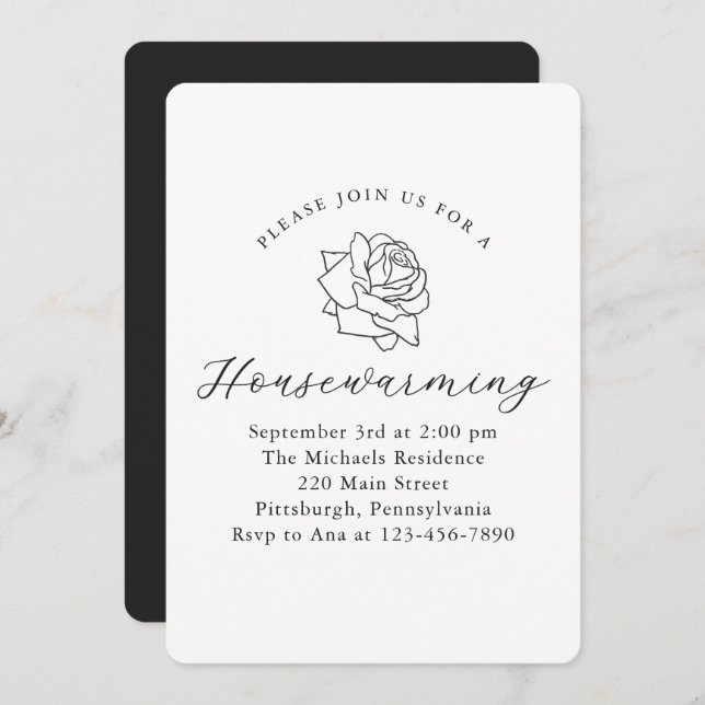 Floral Black and White New Home Housewarming Party Announcement (Front/Back)