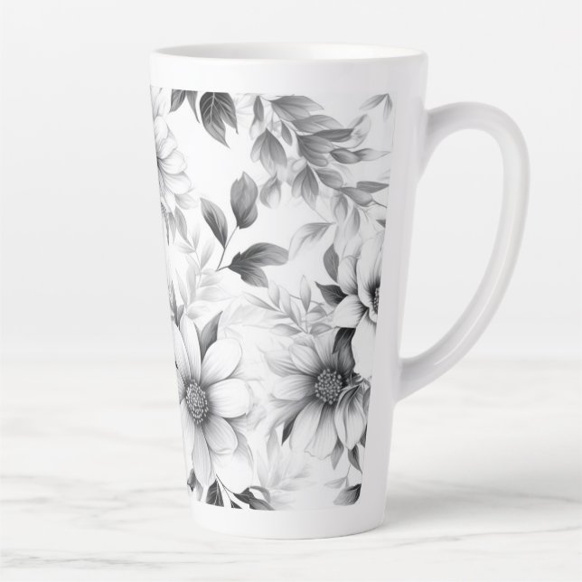 Floral Black And White Pattern Aesthetic Latte Mug (Right)