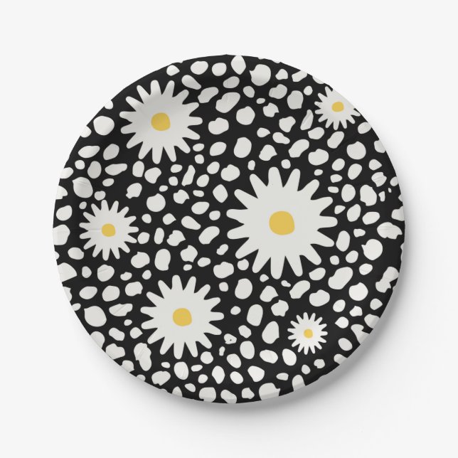 Floral Black and White Pattern Paper Plate (Front)