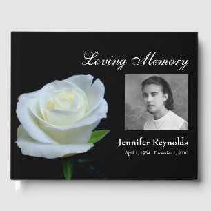 Floral Black and White Photo Funeral Memorial Guest Book