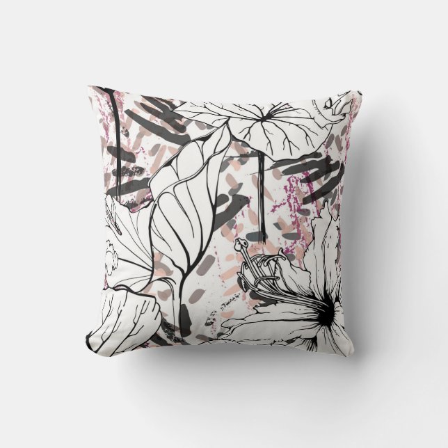 Floral Black and White Seamless Pattern. Modern Ar Cushion (Front)