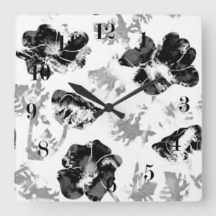 Floral, black and white square wall clock