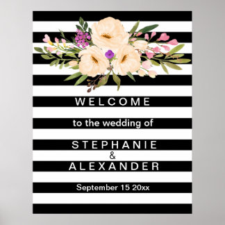 Floral Black And White Striped Wedding Poster
