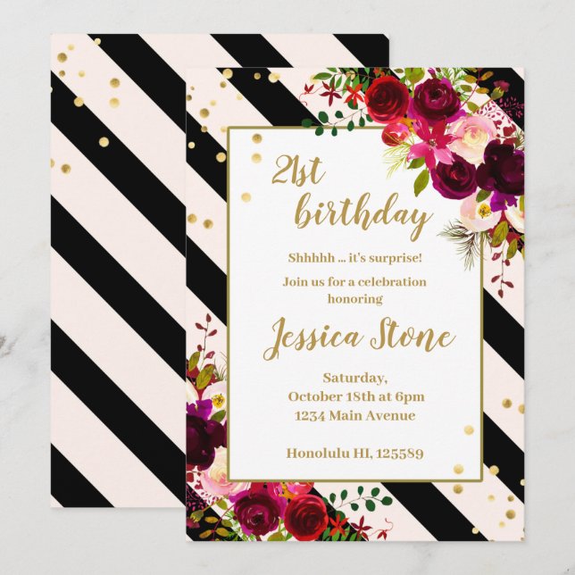 Floral black and white stripes 21st birthday invitation (Front/Back)