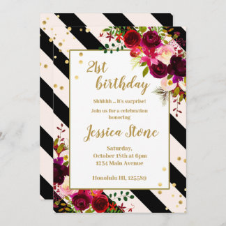 Floral black and white stripes 21st birthday invitation
