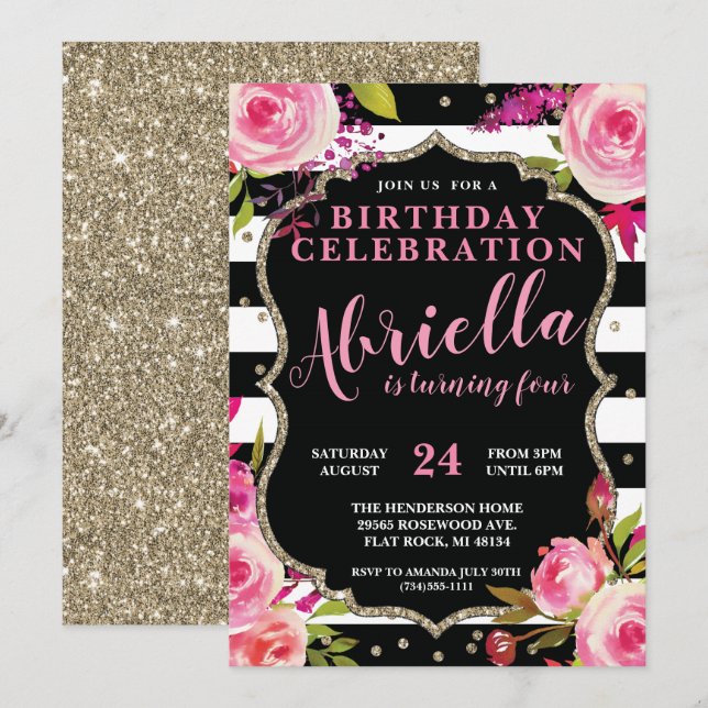 Floral Black and White Stripes Invitation (Front/Back)