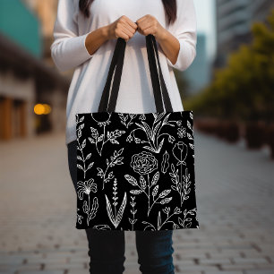 Floral Black and White Tote Bag, Hand Drawn Flower Bag