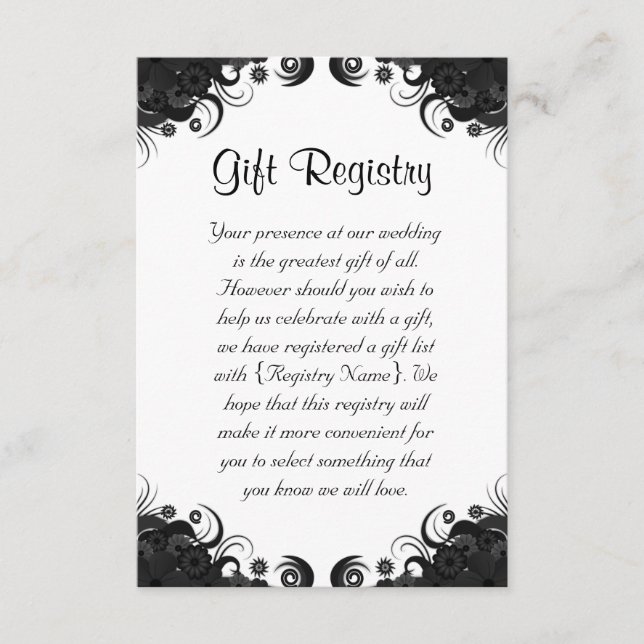 Floral Black and White Wedding Gift Registry Enclosure Card (Front)