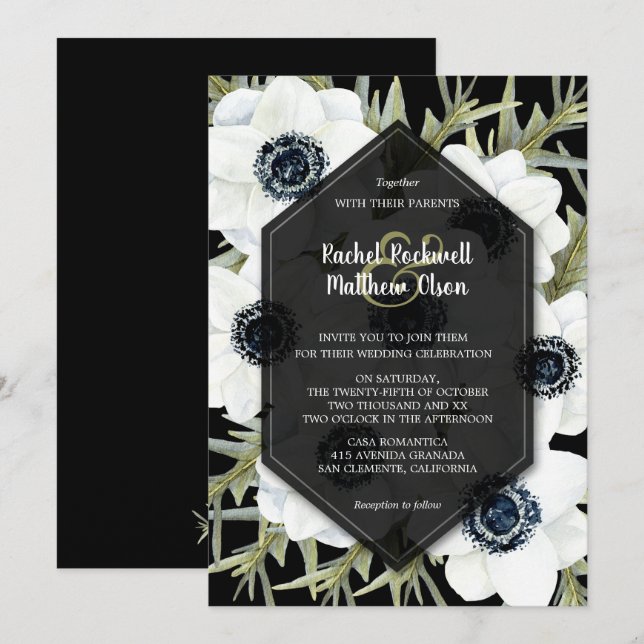 Floral Black and White Wedding Invitations (Front/Back)
