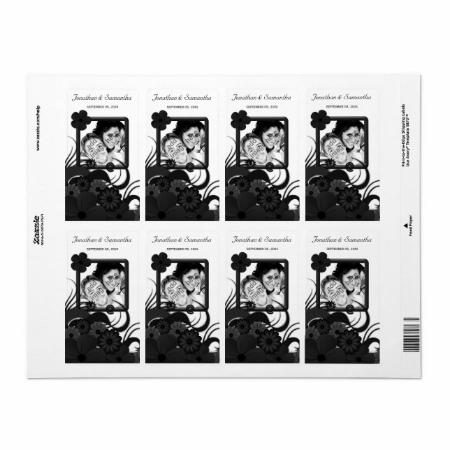 Floral Black and White Wedding Photo Wine Labels (Full Sheet)