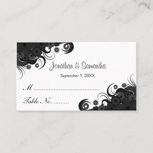 Floral Black and White Wedding Table Place Cards (Front)