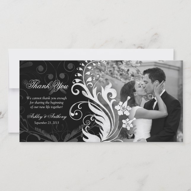 Floral Black and White Wedding Thank You Photocard Card (Front)