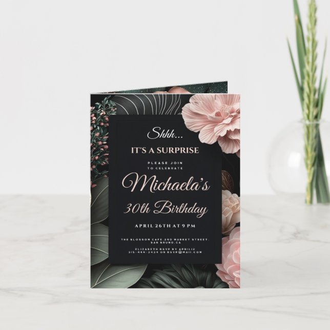 Floral Black background Surprise Birthday Party Invitation (Front)