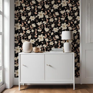 Floral Black Beige Lily Botanical Pattern   Wallpaper