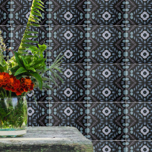 Floral Black Blue Pattern With Folk Art Motifs Tile