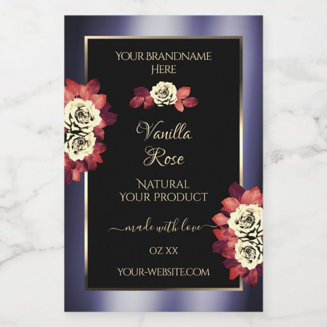 Floral Black Blue Product Labels Blooming Roses (Single Label)