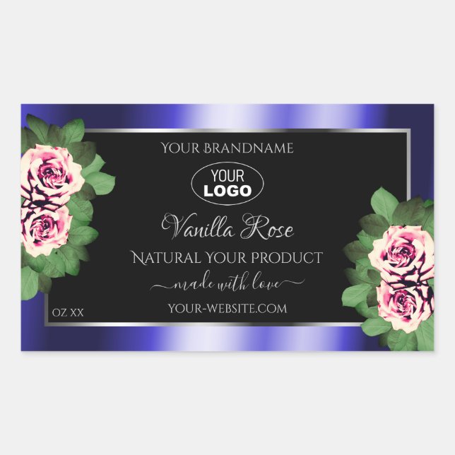 Floral Black Blue Product Labels Pink Roses Logo (Front)