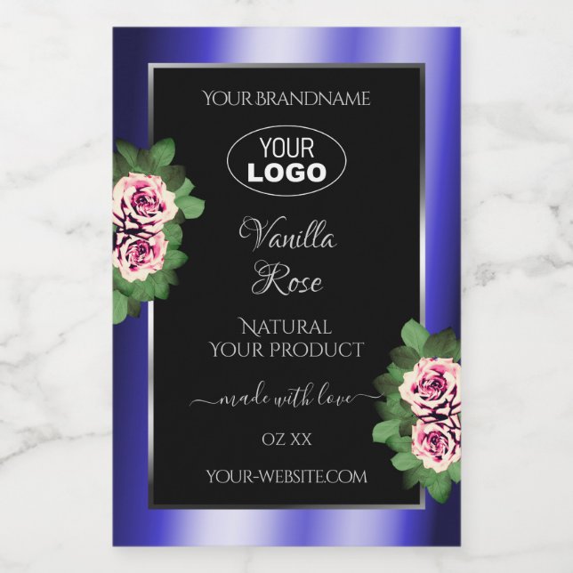 Floral Black Blue Product Labels Pink Roses Logo (Single Label)