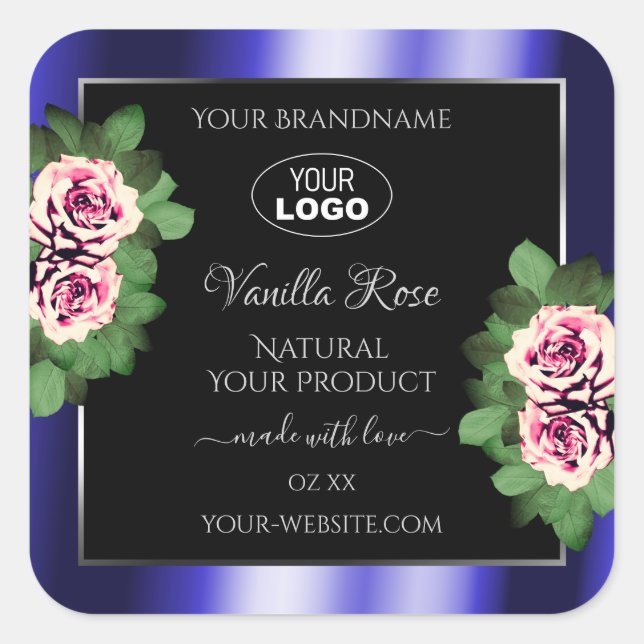 Floral Black Blue Product Labels Pink Roses Logo (Front)