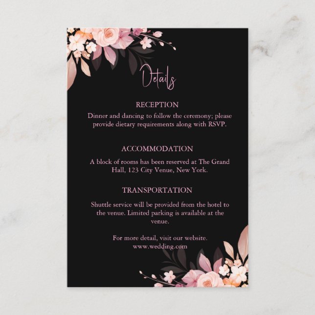 Floral Black & Blush Rose Wedding Enclosure Card (Front)