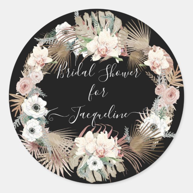 Floral Black Blush White Rustic Wood Palm Foliage Classic Round Sticker (Front)