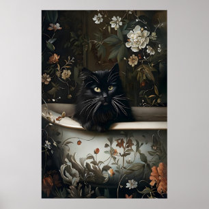 Floral Black Cat Bathroom Print, Gothic Poster
