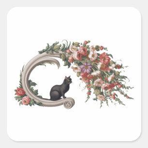 Floral Black Cat, Black Cat Flowers Square Sticker
