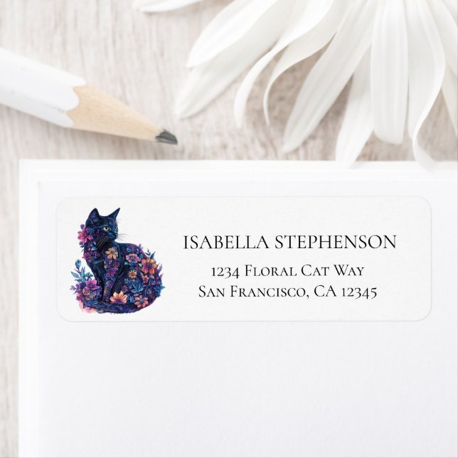 Floral Black Cat Elegant Chic Return Address (Insitu)