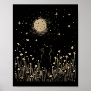 Floral Black Cat Moon Halloween Cottagecore Poster