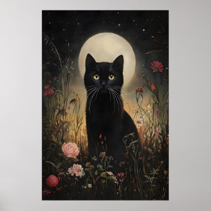 Floral Black Cat Moon Print, Flower Cat In Field Poster