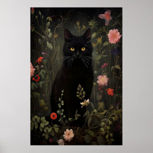 Floral Black Cat Print, Flower Cat Vintage Poster