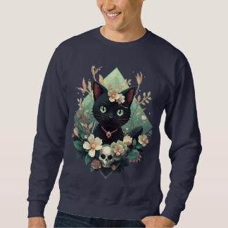 Floral Black Cat Skull Pixel Art for Halloween Sweatshirt