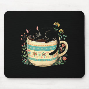 Floral black cat sleeping on coffee mouse mat