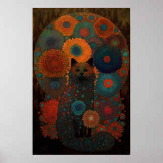 Floral Black Cat with Luminous Shadowing Design Poster