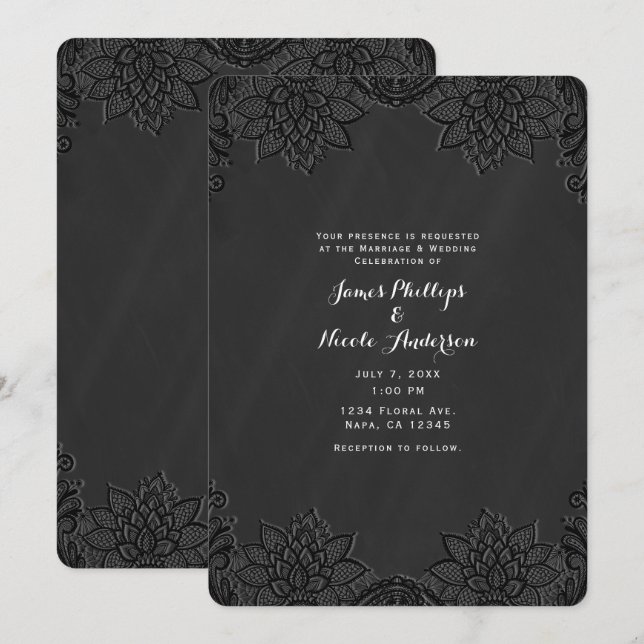 Floral Black Chalkboard & Lace Country Wedding Invitation (Front/Back)