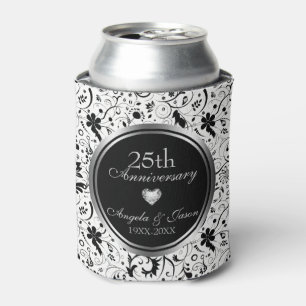 Floral Black Delicate Flowers- Silver Anniversary Can Cooler