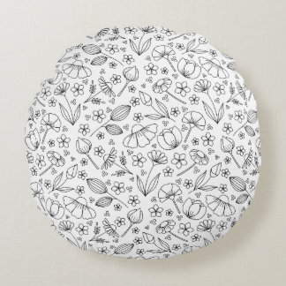Floral black doodles round cushion